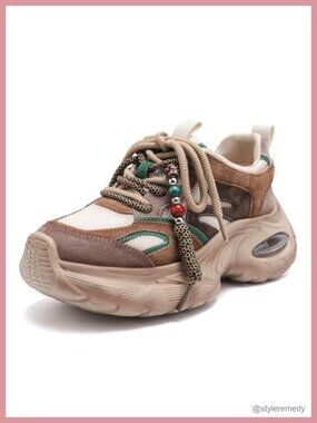Women's Chunky Platform Sneakers Lace-Up Leather Fabric Walking Shoes